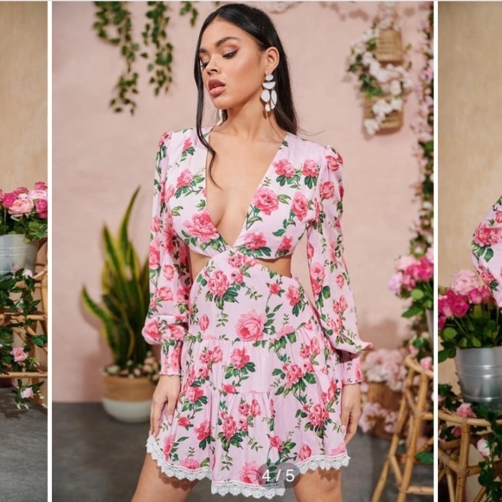 Barbie Pink Rose Floral LoveShackFancy style Mini Cut Out Flowy Summer Dress XS - Picture 8 of 13